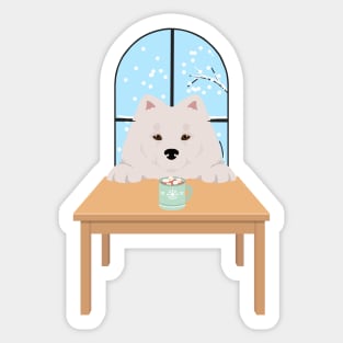 White Samoyed Dog with Winter Window and Hot Chocolate on Table Sticker